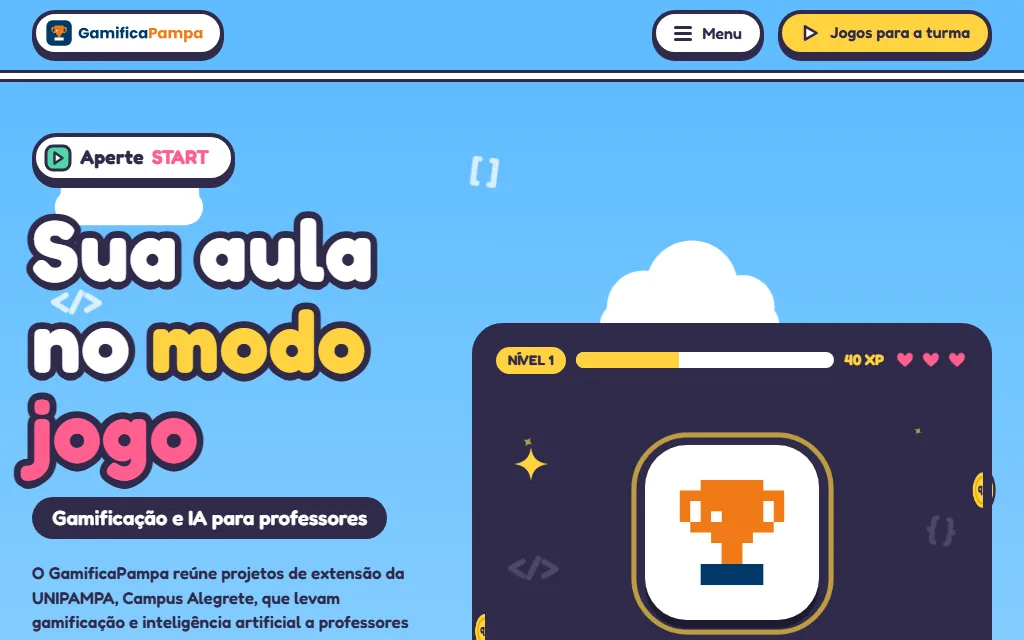 GamificaPampa home page: the heading Your class in game mode, the subtitle Gamification and AI for teachers, and a video game panel with a trophy, an XP bar and hearts.